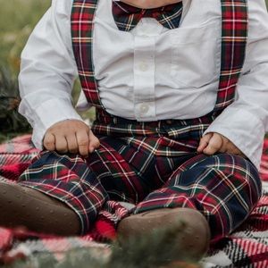 Janie and Jack Plaid Suspender Pants & Bow Tie
